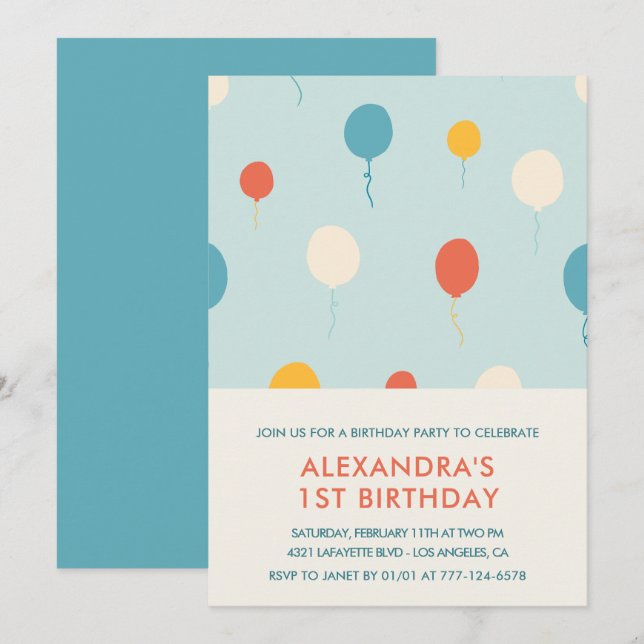 invitaciones de cumpleaños número 1 Globos Moderna (Anverso / Reverso)
