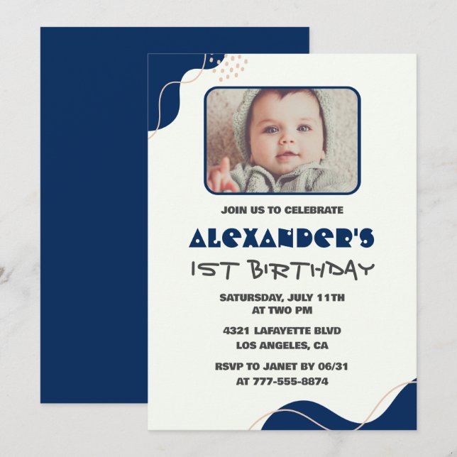 invitaciones de cumpleaños número 1 Niño Azul Mari (Anverso / Reverso)