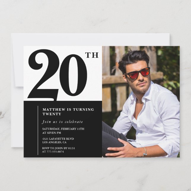 Invitaciones de cumpleaños número 20 en blanco y n (Anverso)