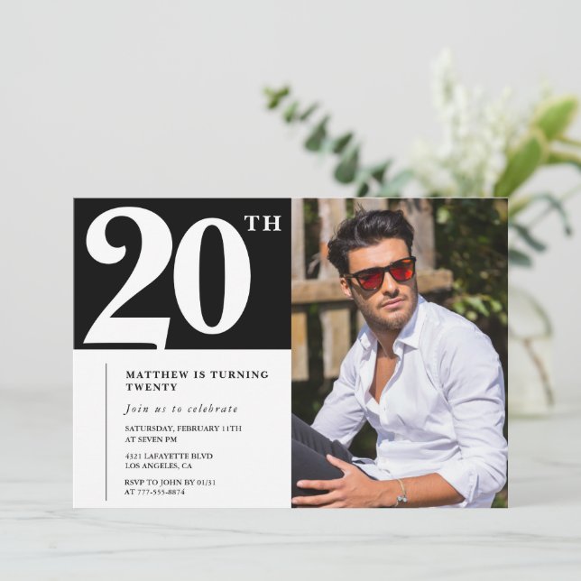 Invitaciones de cumpleaños número 20 en blanco y n (Anverso de pie)