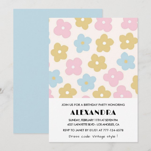 invitaciones de cumpleaños número 20 Floral Azul R (Anverso / Reverso)