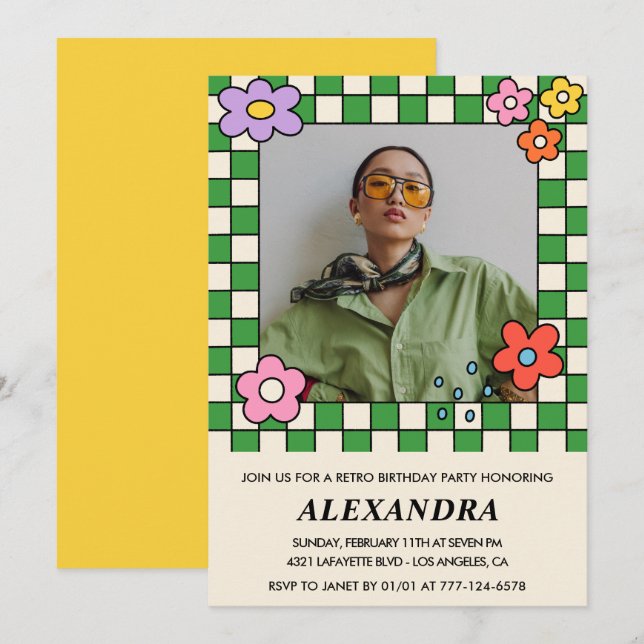 Invitaciones de cumpleaños número 20 retro Flores  (Anverso / Reverso)