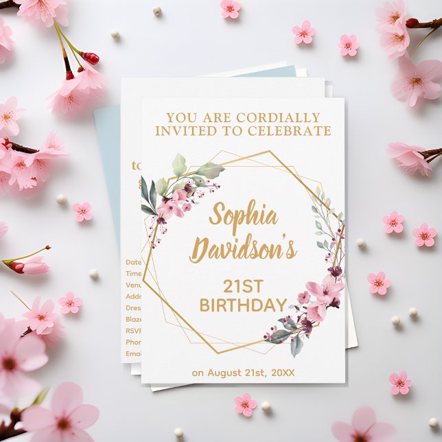 Invitaciones de cumpleaños número 21 con elegantes (Golden Blooms, Milestone Wishes! 🌸🌟)