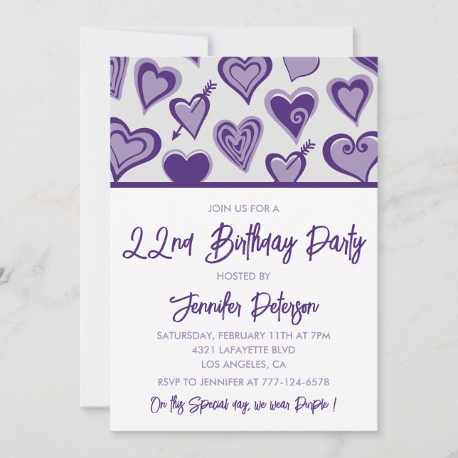Invitaciones de cumpleaños número 22 femeninas Cor (Anverso)