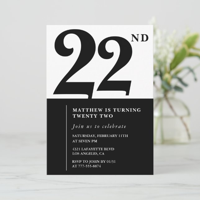 invitaciones de cumpleaños número 22 Negras y Blan (Anverso de pie)