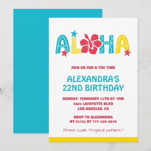 invitaciones de cumpleaños número 22 Tropical Aloh (Anverso / Reverso)
