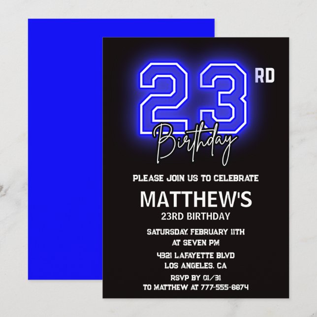 Invitaciones de cumpleaños número 23 Neon Negro Ho (Anverso / Reverso)