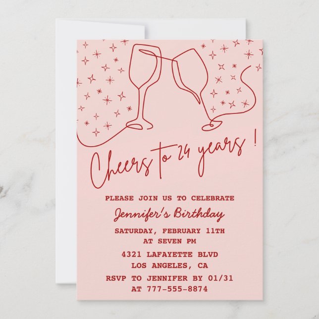 Invitaciones de cumpleaños número 24 Elegante Rosa (Anverso)