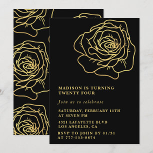 Invitaciones de cumpleaños número 24 negras con fl