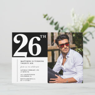 Invitaciones de cumpleaños número 26 en blanco y n