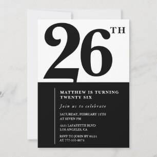 invitaciones de cumpleaños número 26 Negras y Blan