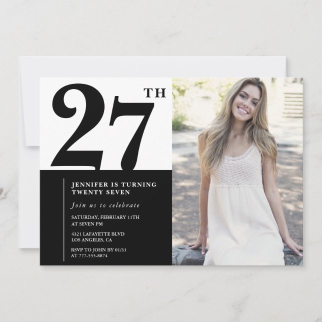 Invitaciones de cumpleaños número 27 con foto en b (Anverso)