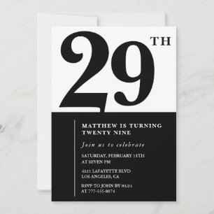 invitaciones de cumpleaños número 29 Black and Whi