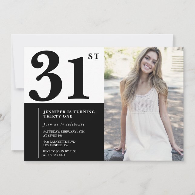 Invitaciones de cumpleaños número 31 con foto en b (Anverso)