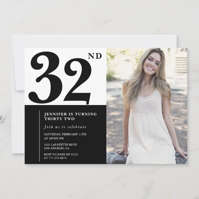 Invitaciones de cumpleaños número 32 con foto en b (Anverso)