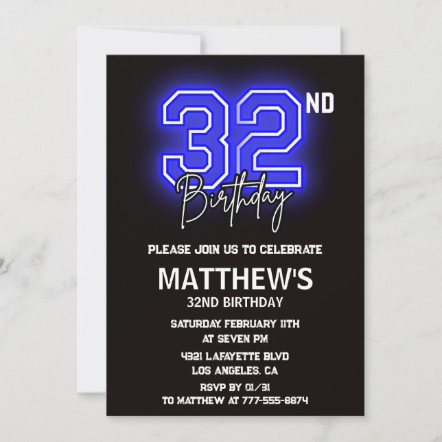 Invitaciones de cumpleaños número 32 Neon Negro Ho (Anverso)