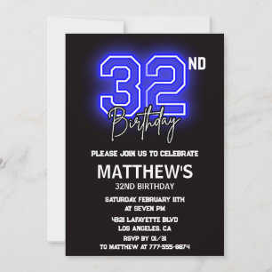 Invitaciones de cumpleaños número 32 Neon Negro Ho