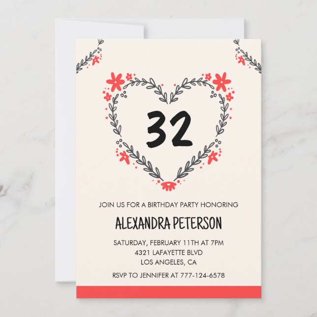 invitaciones de cumpleaños número 32 para ella flo (Anverso)
