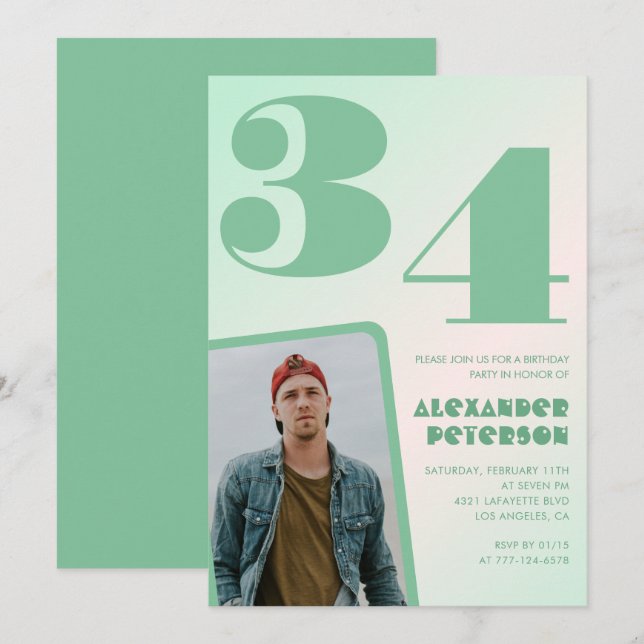 Invitaciones de cumpleaños número 34 con gradiente (Anverso / Reverso)