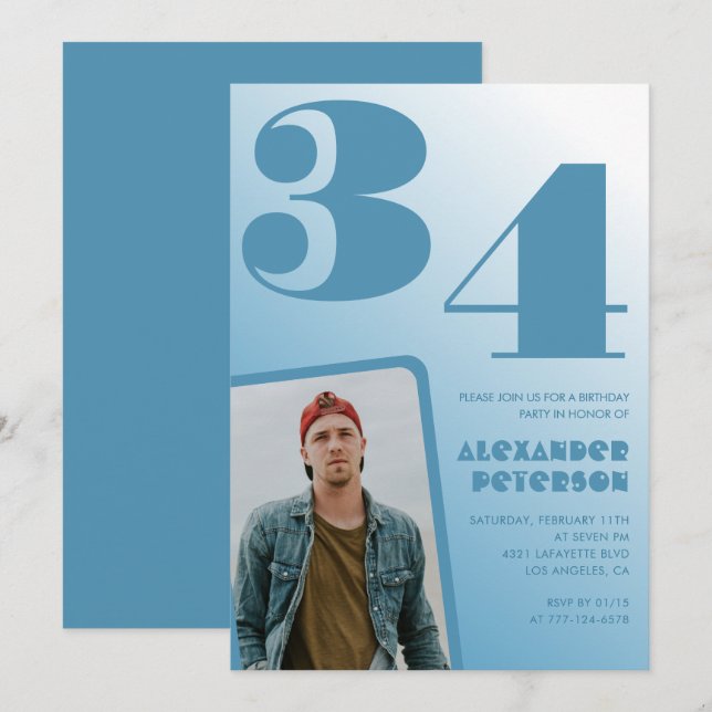 Invitaciones de cumpleaños número 34 con gradiente (Anverso / Reverso)