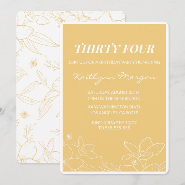 Invitaciones de cumpleaños número 34 Floral Modern (Anverso / Reverso)