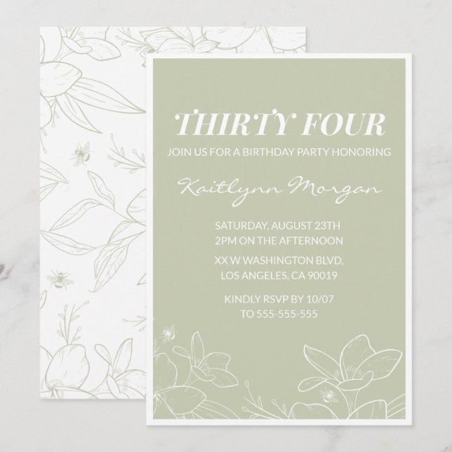 Invitaciones de cumpleaños número 34 florales verd (Anverso / Reverso)
