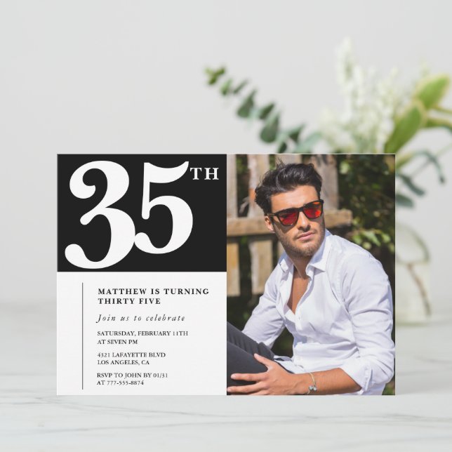 Invitaciones de cumpleaños número 35 en blanco y n (Anverso de pie)