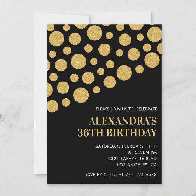 Invitaciones de cumpleaños número 36 negras con co (Anverso)
