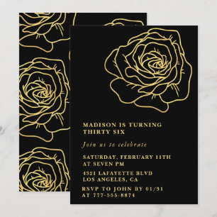 Invitaciones de cumpleaños número 36 negras con fl
