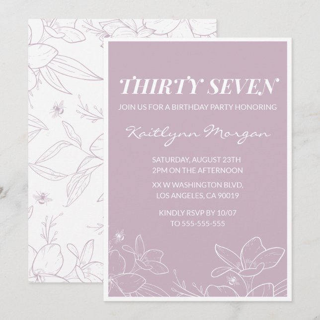 Invitaciones de cumpleaños número 37 florales mode (Anverso / Reverso)