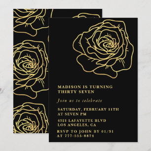 Invitaciones de cumpleaños número 37 negras con fl