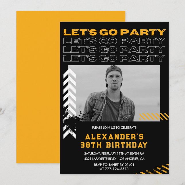 Invitaciones de cumpleaños número 38 negras para h (Anverso / Reverso)