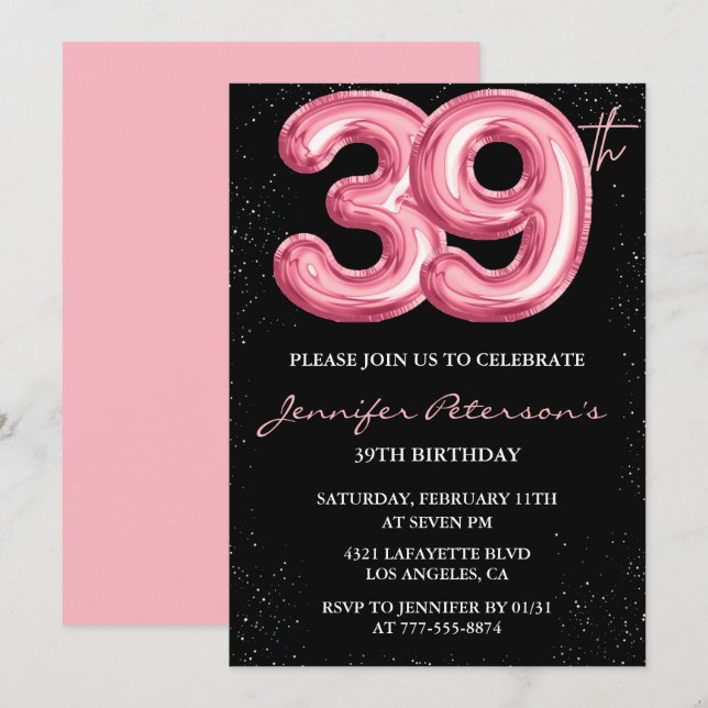 Invitaciones de cumpleaños número 39 de Black Pink (Anverso / Reverso)