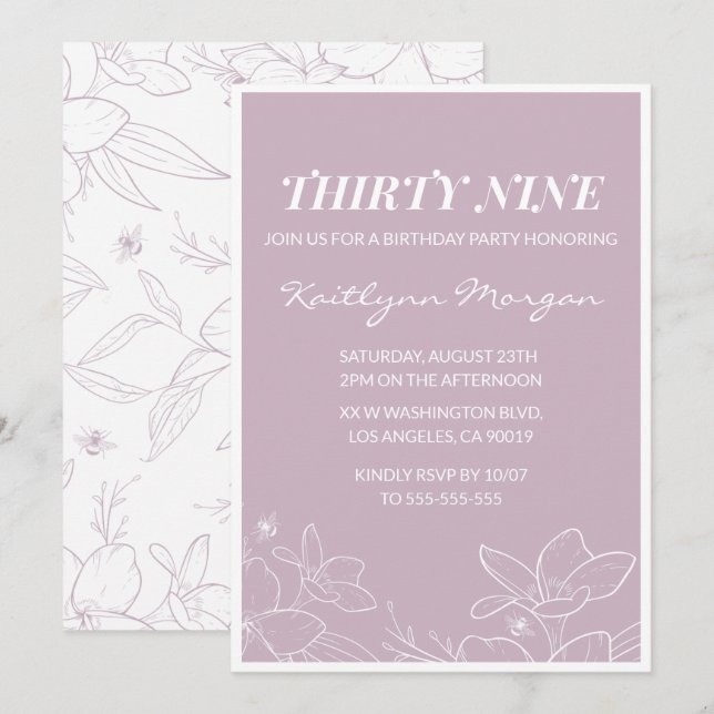 Invitaciones de cumpleaños número 39 florales mode (Anverso / Reverso)