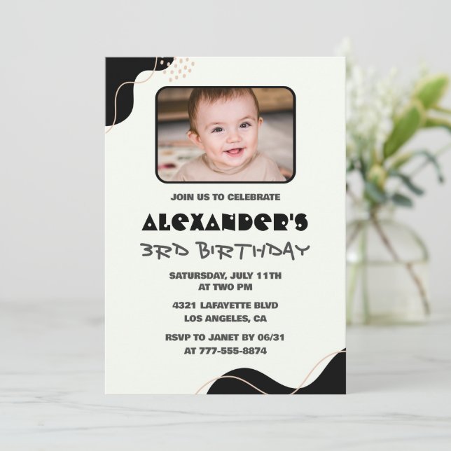 Invitaciones de cumpleaños número 3 negras Niño Si (Anverso de pie)