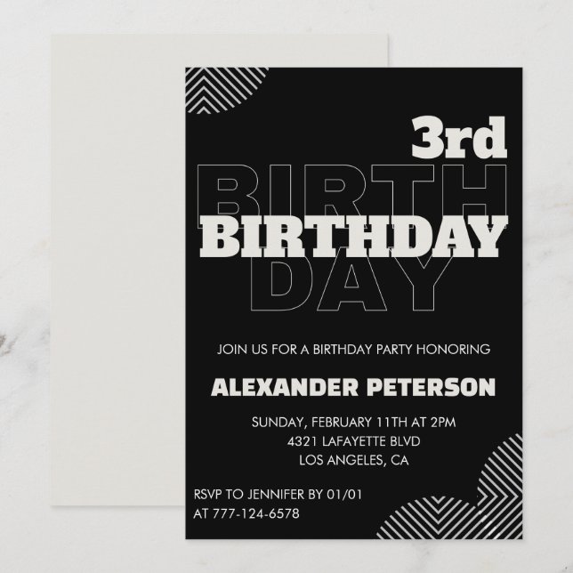 Invitaciones de cumpleaños número 3 negras para ni (Anverso / Reverso)