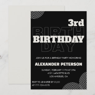 Invitaciones de cumpleaños número 3 negras para ni
