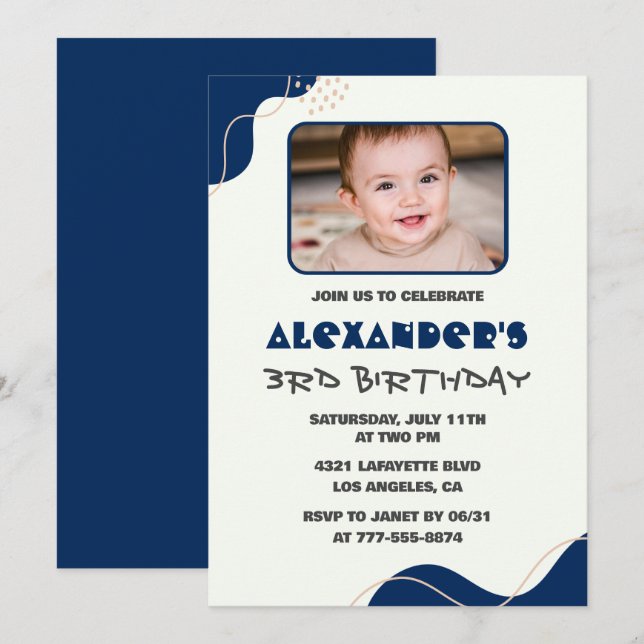 invitaciones de cumpleaños número 3 Niño Azul Mari (Anverso / Reverso)