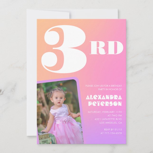 Invitaciones de cumpleaños número 3 Pink Orange pa (Anverso)