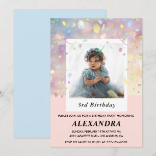 Invitaciones de cumpleaños número 3 rosa Confeti F