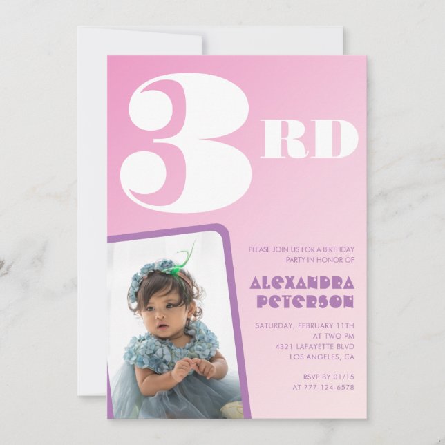 Invitaciones de cumpleaños número 3 rosadas Niña F (Anverso)
