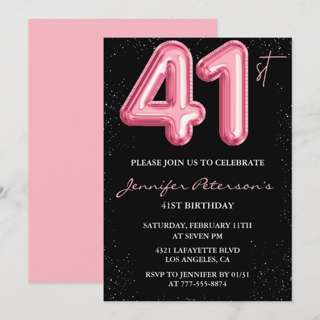 invitaciones de cumpleaños número 41 Black Pink Gl (Anverso / Reverso)