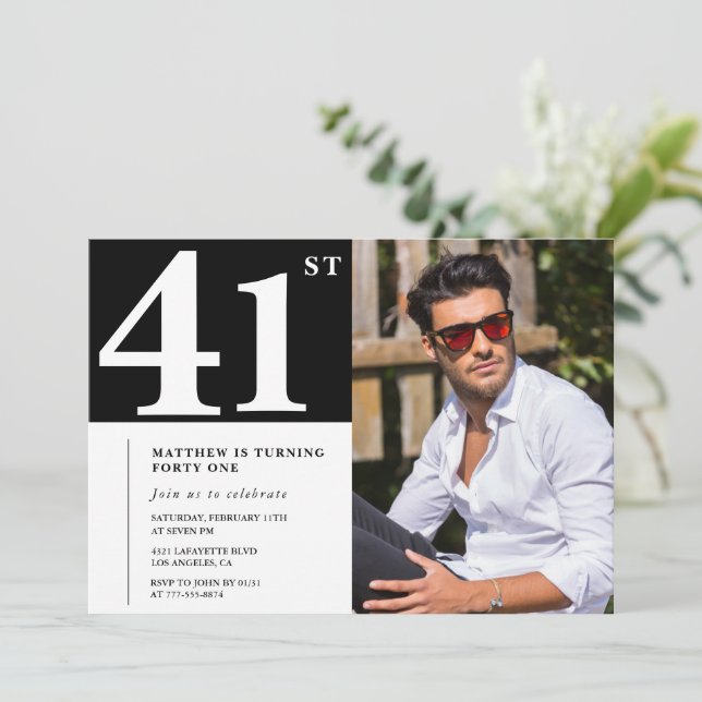 Invitaciones de cumpleaños número 41 en blanco y n (Anverso de pie)