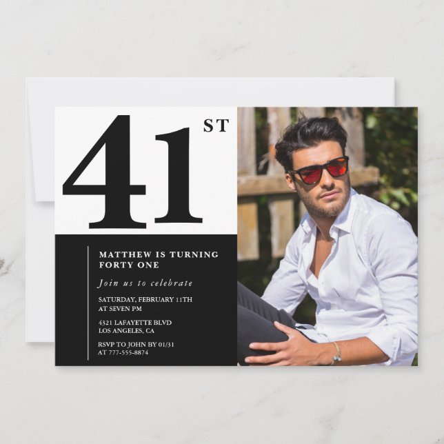 Invitaciones de cumpleaños número 41 en blanco y n (Anverso)