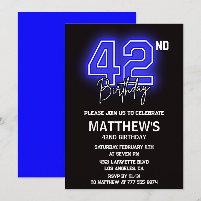 invitaciones de cumpleaños número 42 Neon Black Ho (Anverso / Reverso)