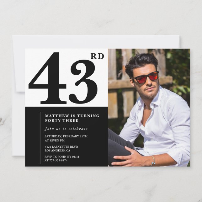 Invitaciones de cumpleaños número 43 en blanco y n (Anverso)
