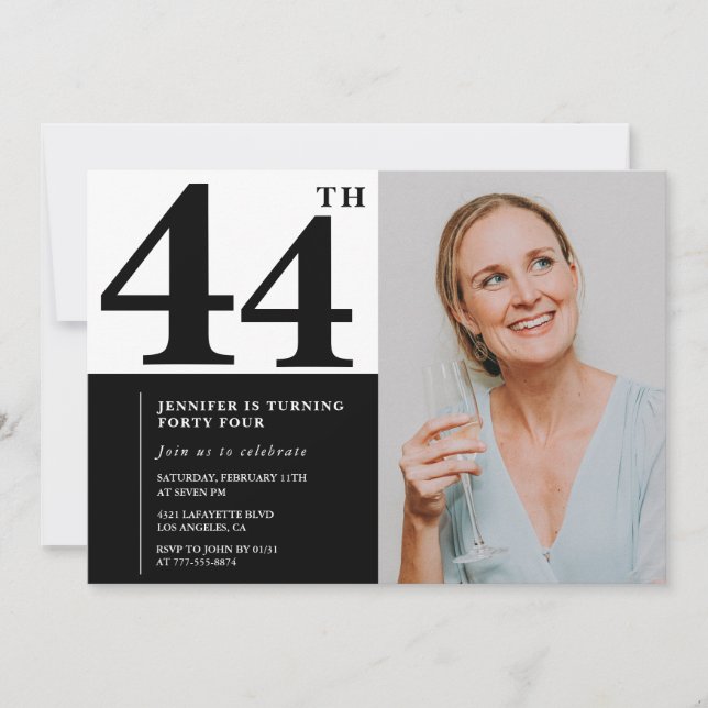 Invitaciones de cumpleaños número 44 con foto en b (Anverso)