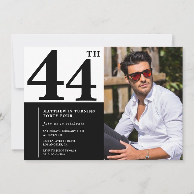 Invitaciones de cumpleaños número 44 en blanco y n (Anverso)