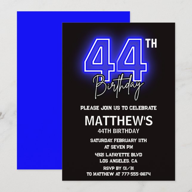 Invitaciones de cumpleaños número 44 Neon Black Ho (Anverso / Reverso)