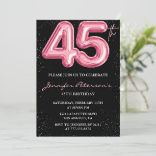 Invitaciones de cumpleaños número 45 rosadas Glam 
